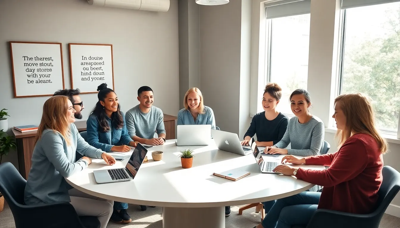 diverse team collaborating in an inviting workspace.