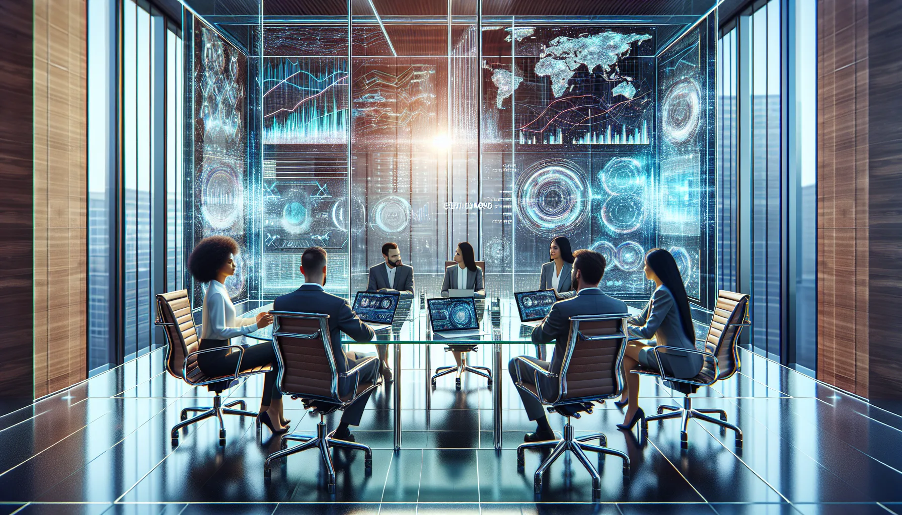 diverse team collaborating with technology in a modern office setting.