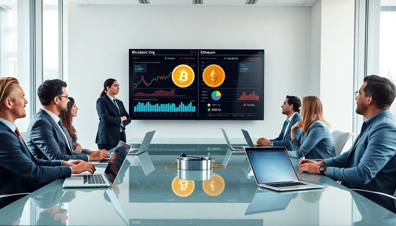 diverse professionals discussing cryptocurrencies in a modern office.