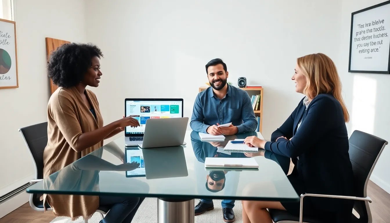 group of teachers discussing side hustle ideas in a modern office.
