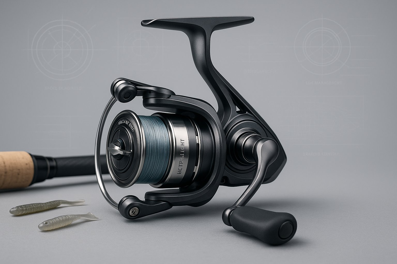 Close-up of a lightweight fishing reel with small lures on display.