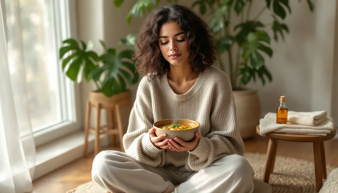 Woman sitting calmly holding a warm bowl of soup in a sunlit room.
