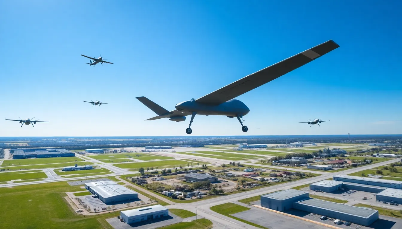 drones flying over Langley Air Force Base in bright blue sky.