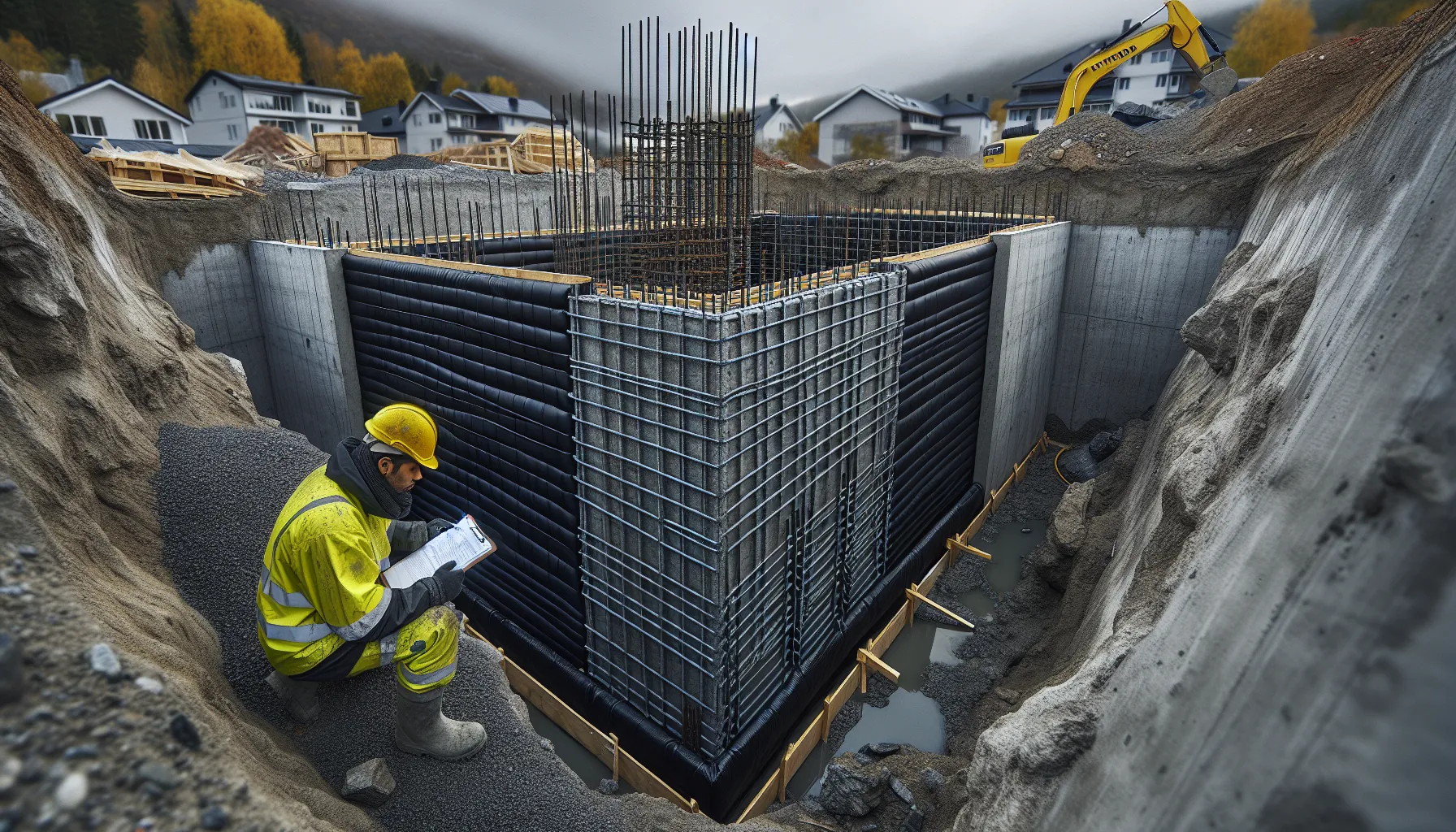 De viktigste kravene for å sikre en trygg og funksjonell grunnmur 1 Engineer inspects reinforced concrete foundation with drainage and frost insulation in norway.