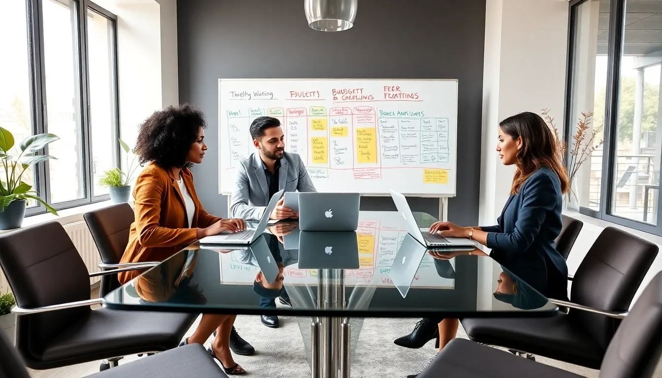 diverse team discussing budget-friendly event planning in a modern office.