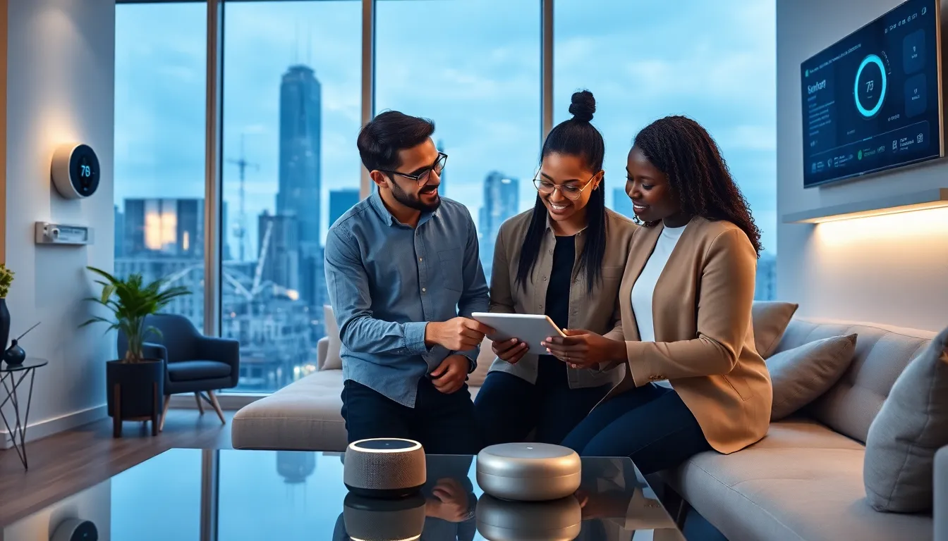 diverse professionals discussing smart home technology in a modern Chicago interior.