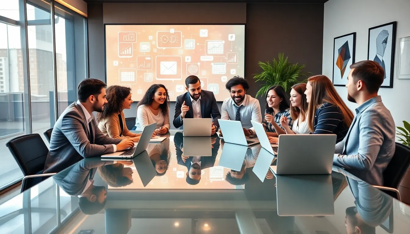 diverse team collaborating in a modern office on digital strategies.