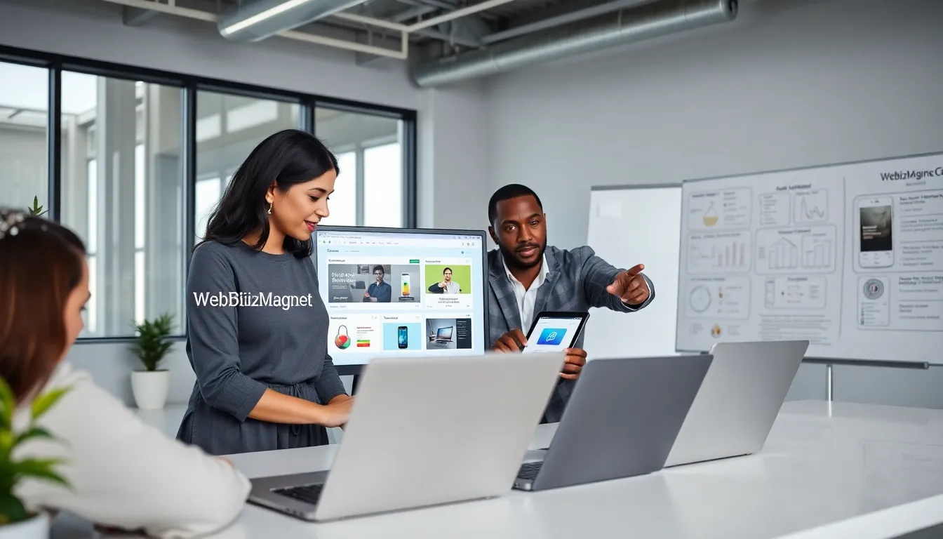 diverse team collaborating on web apps in a modern office.