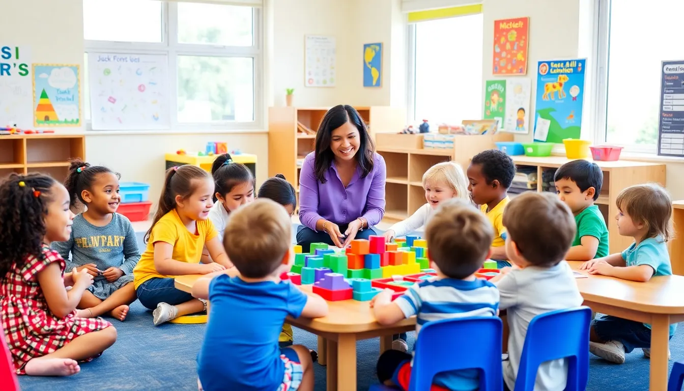 children engaged in playful learning activities in a bright preschool classroom.