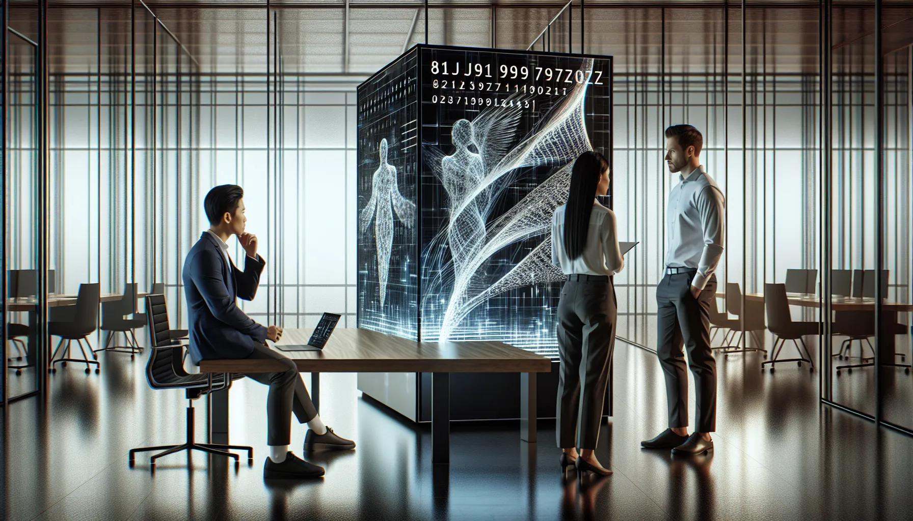 diverse IT team discussing digital data in a modern office.