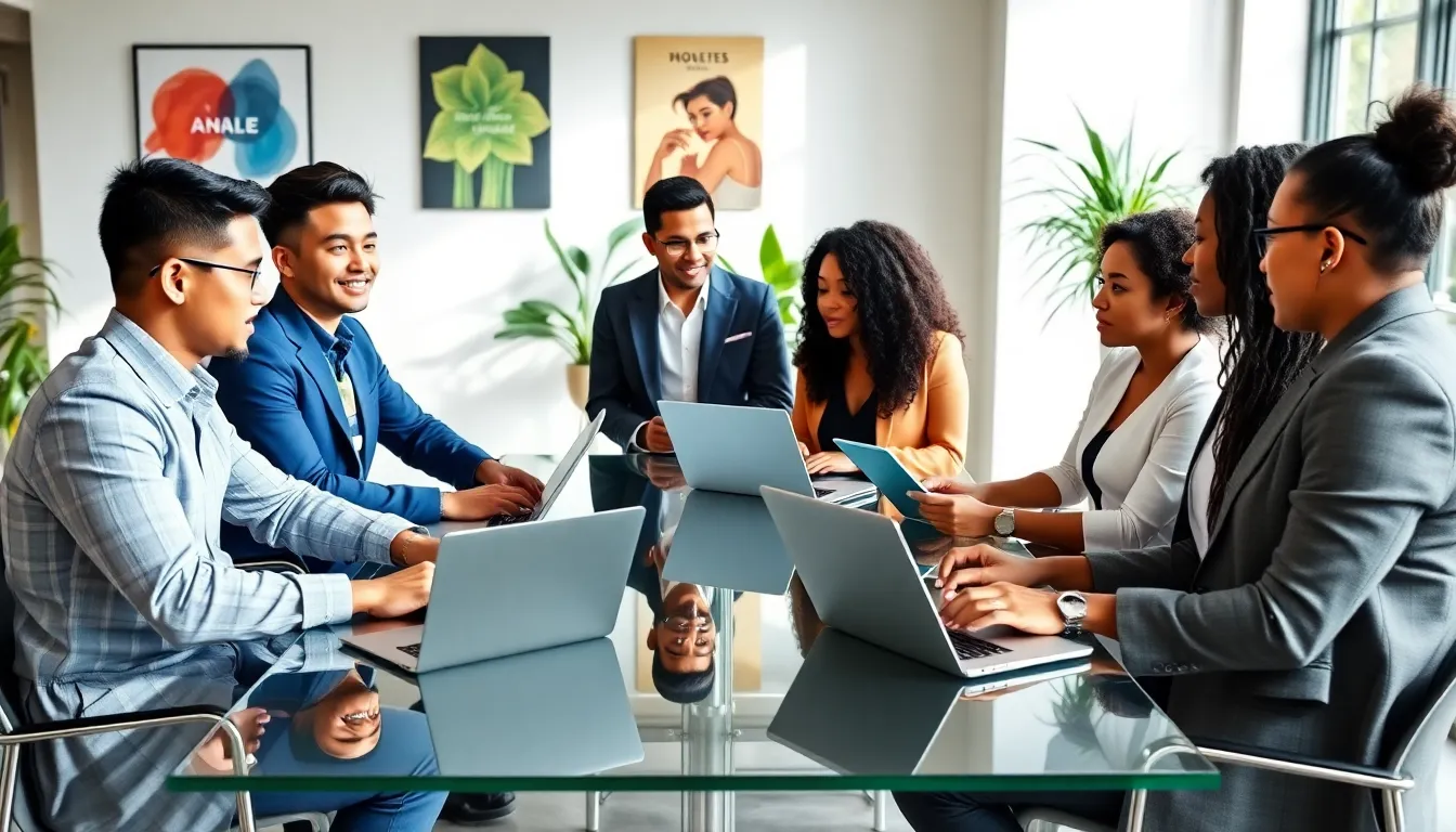 diverse entrepreneurs collaborating in a bright, modern office.