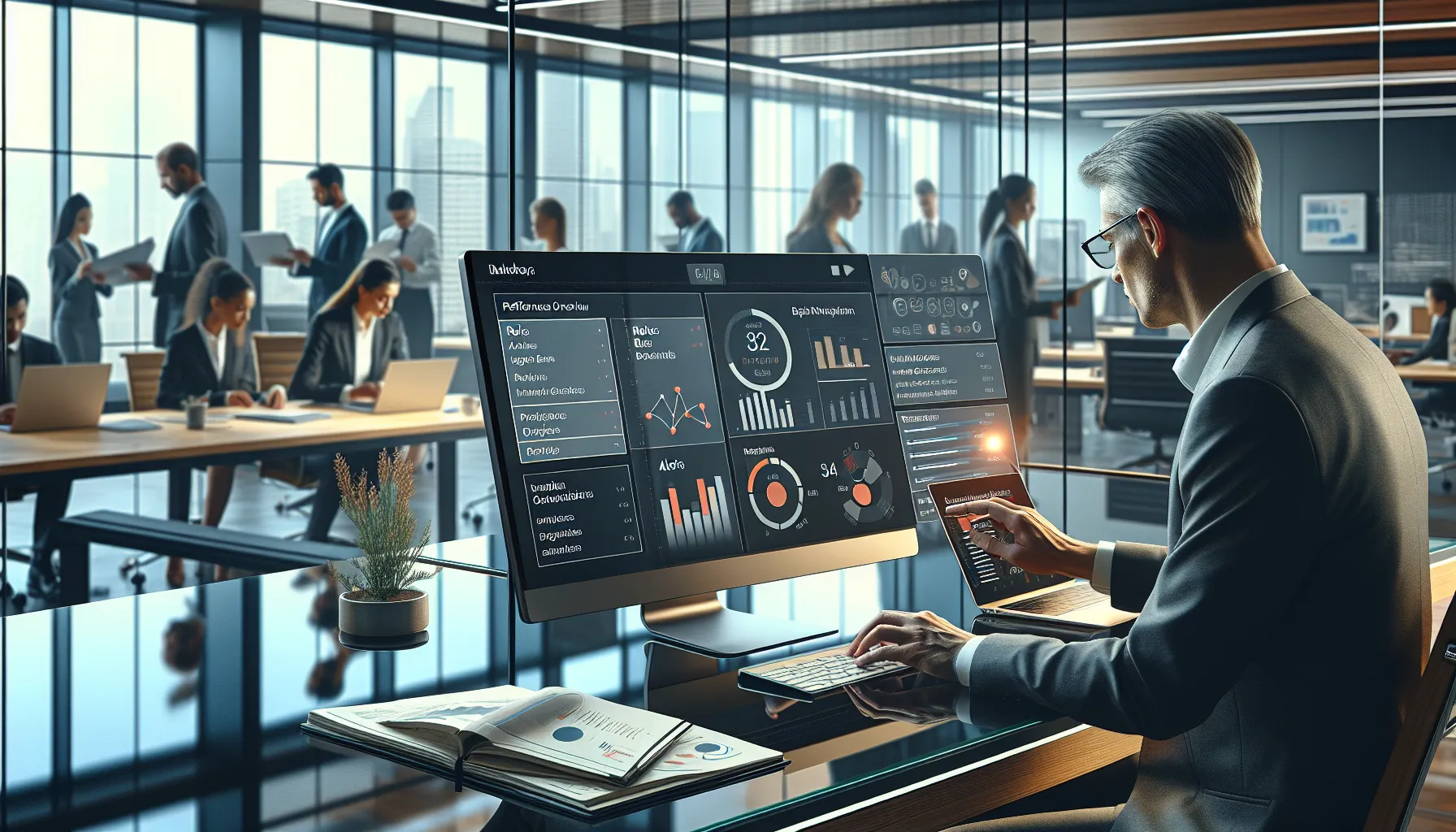 Business team reviewing emailed Tableau dashboards and alerts in a modern office.