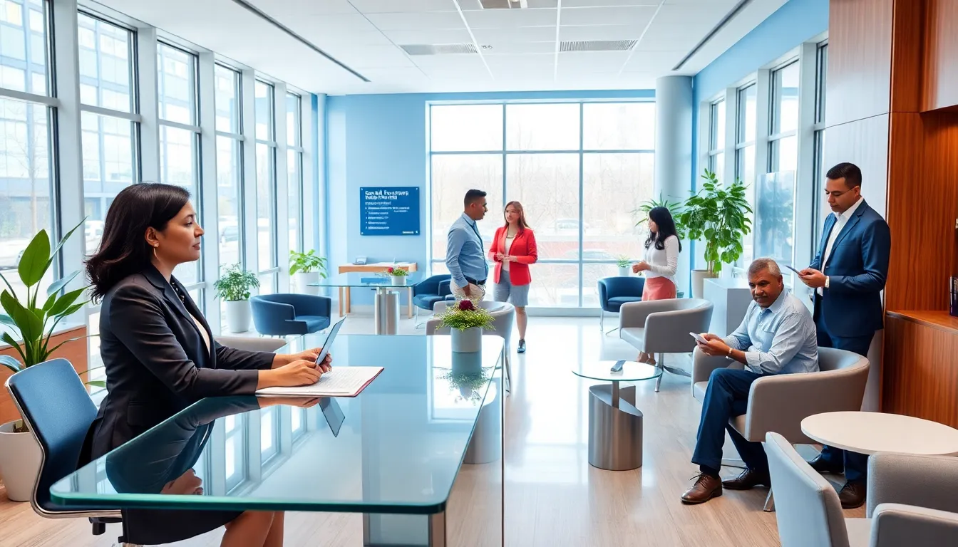 view of a Social Security office with diverse professionals assisting clients.