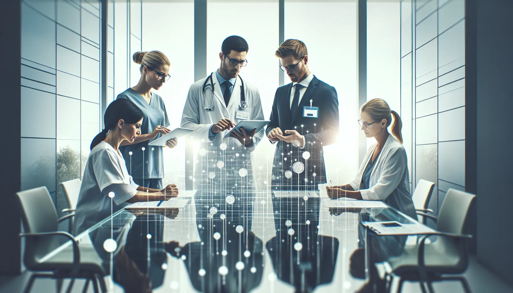 diverse healthcare team analyzing patient records with digital devices.