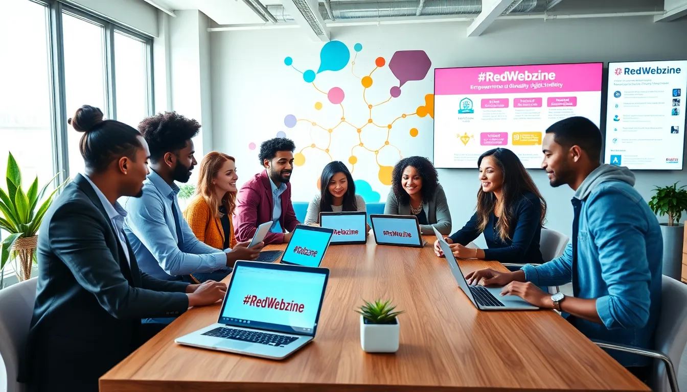 diverse team collaborating on social media at a modern workspace.