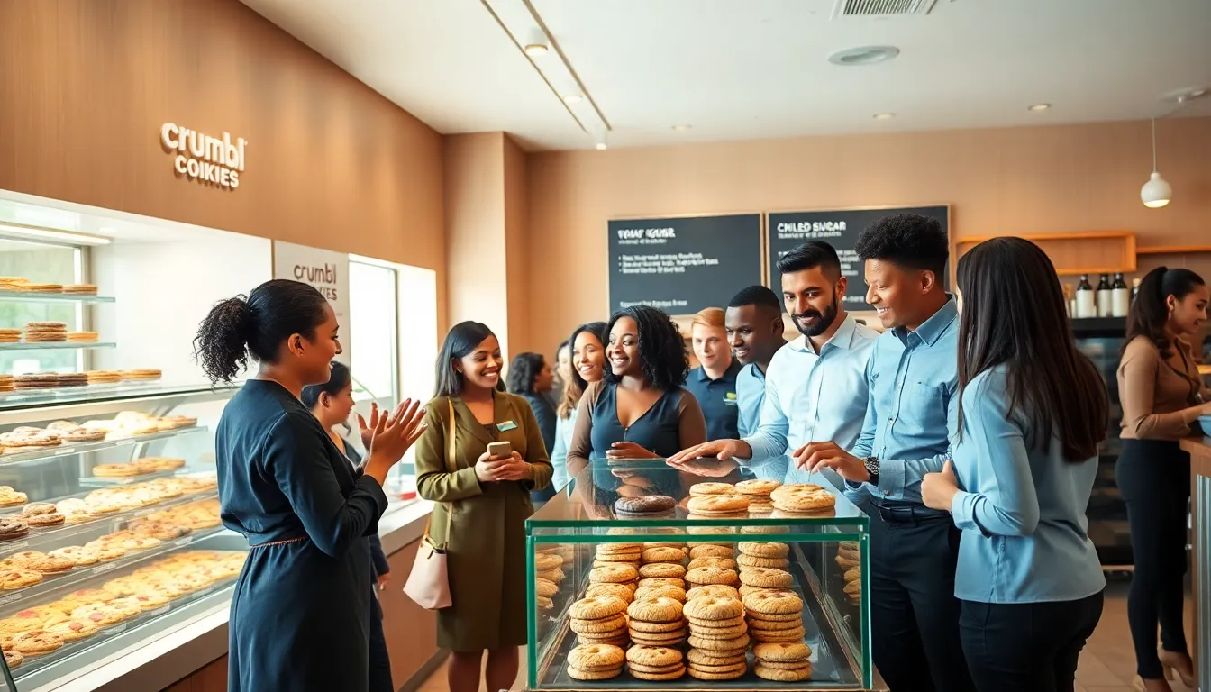 customers enjoying unique cookies in a modern dessert shop.