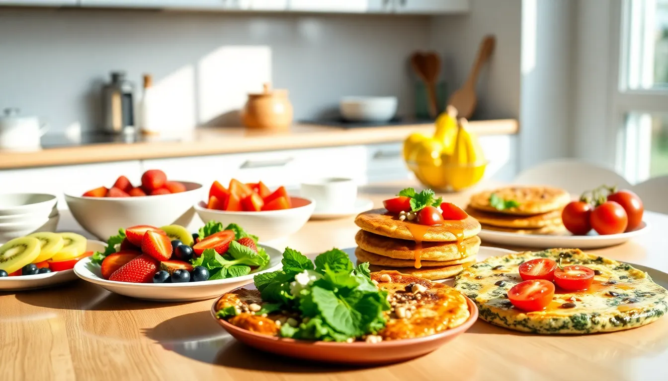 a healthy brunch spread with fruits, pancakes, and quiche in a modern kitchen.