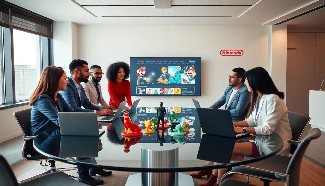 diverse team discussing Nintendo games in a modern office.