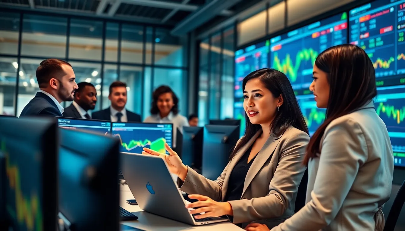 diverse professionals collaborating in a modern trading workspace.