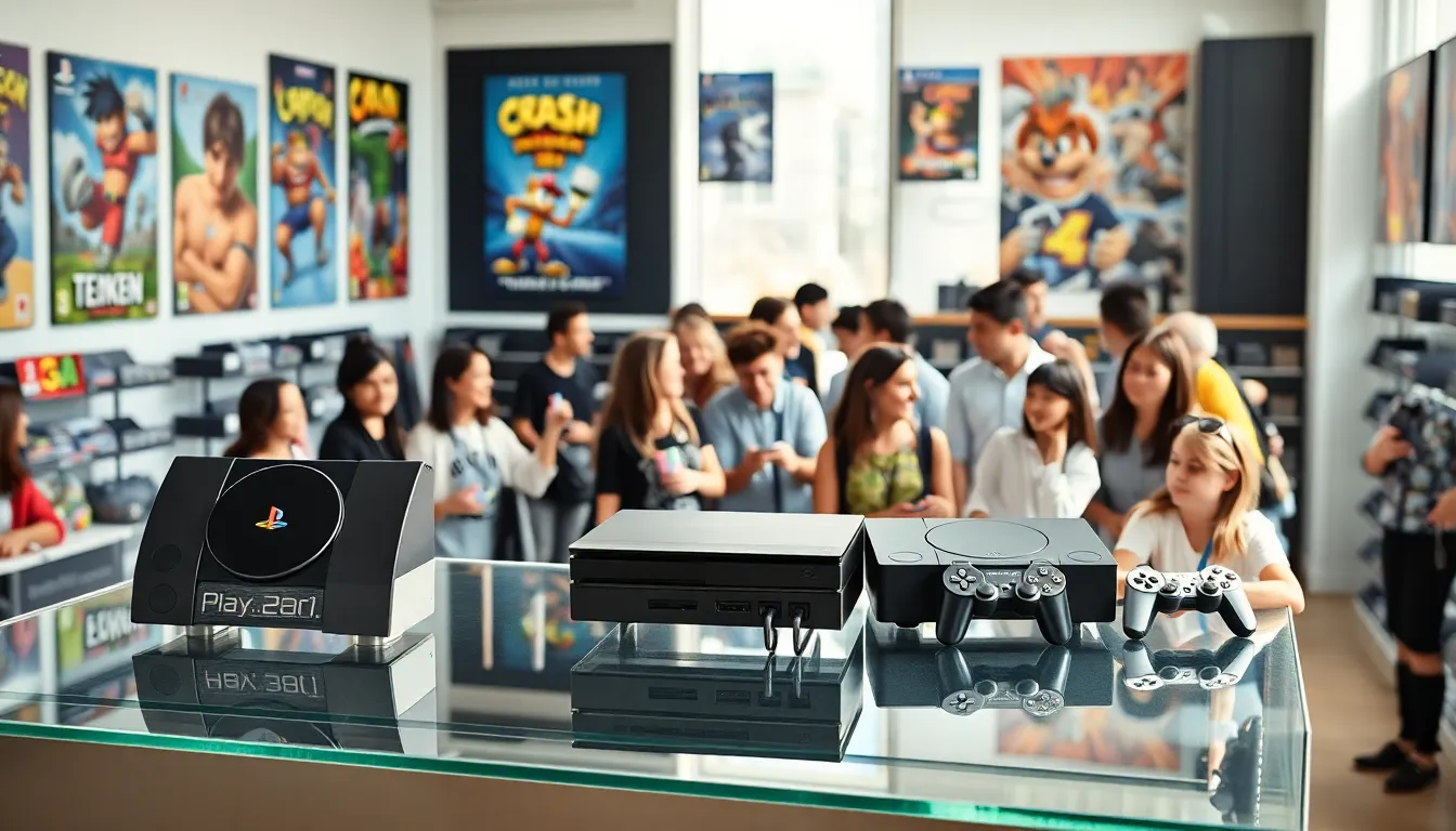 gamers discussing PlayStation consoles in a modern gaming store.