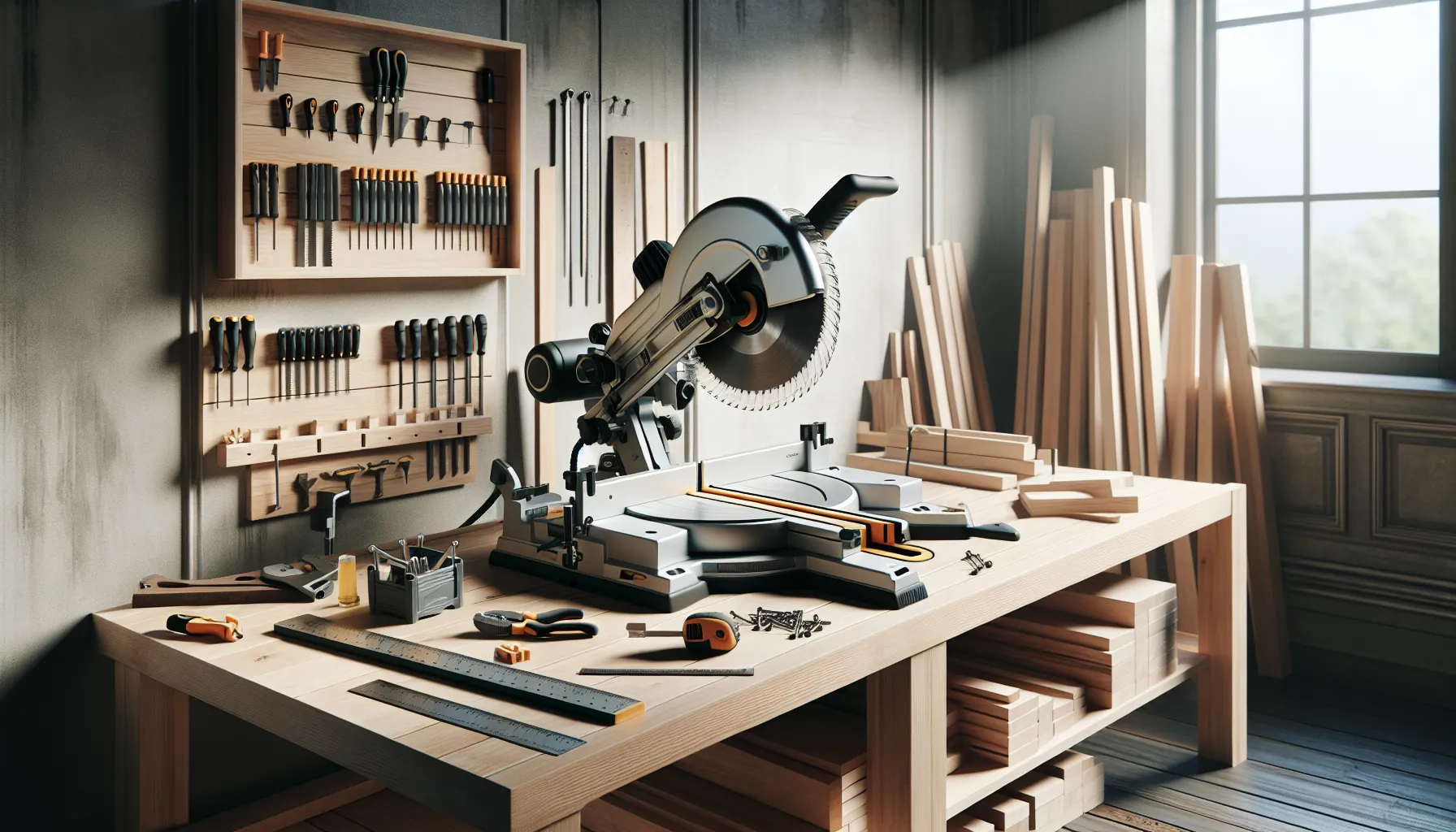 A miter saw on a workbench surrounded by woodworking tools and accessories.