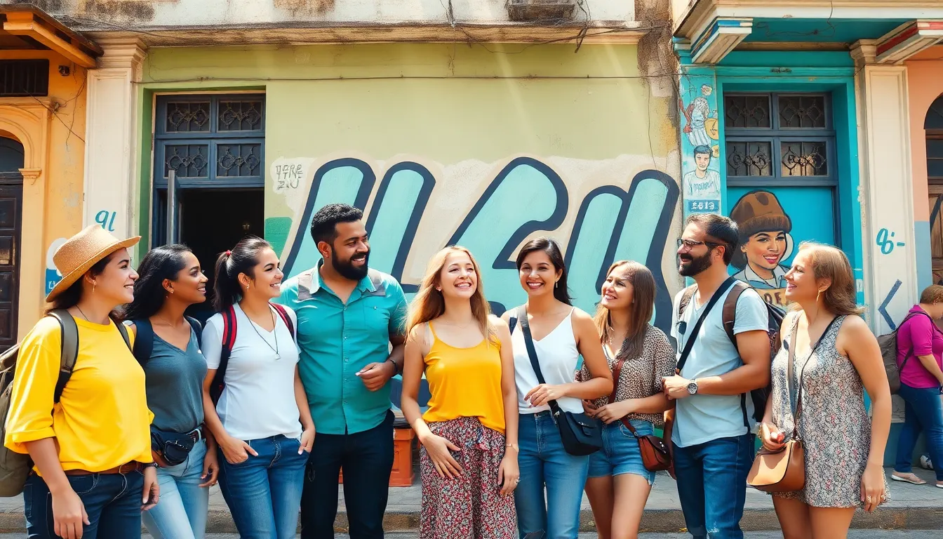 diverse solo travelers in front of a colorful mural in Havana.