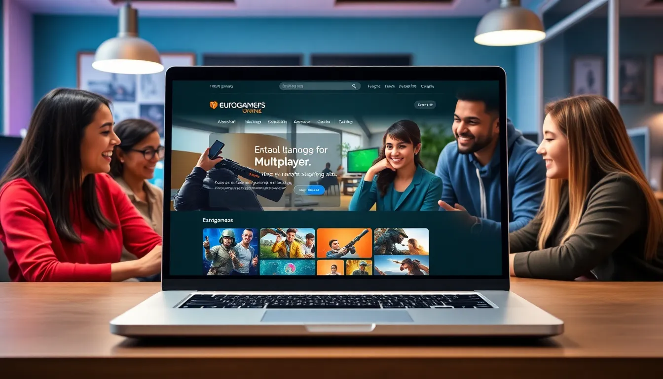 diverse gamers collaborating around a laptop in a modern workspace.