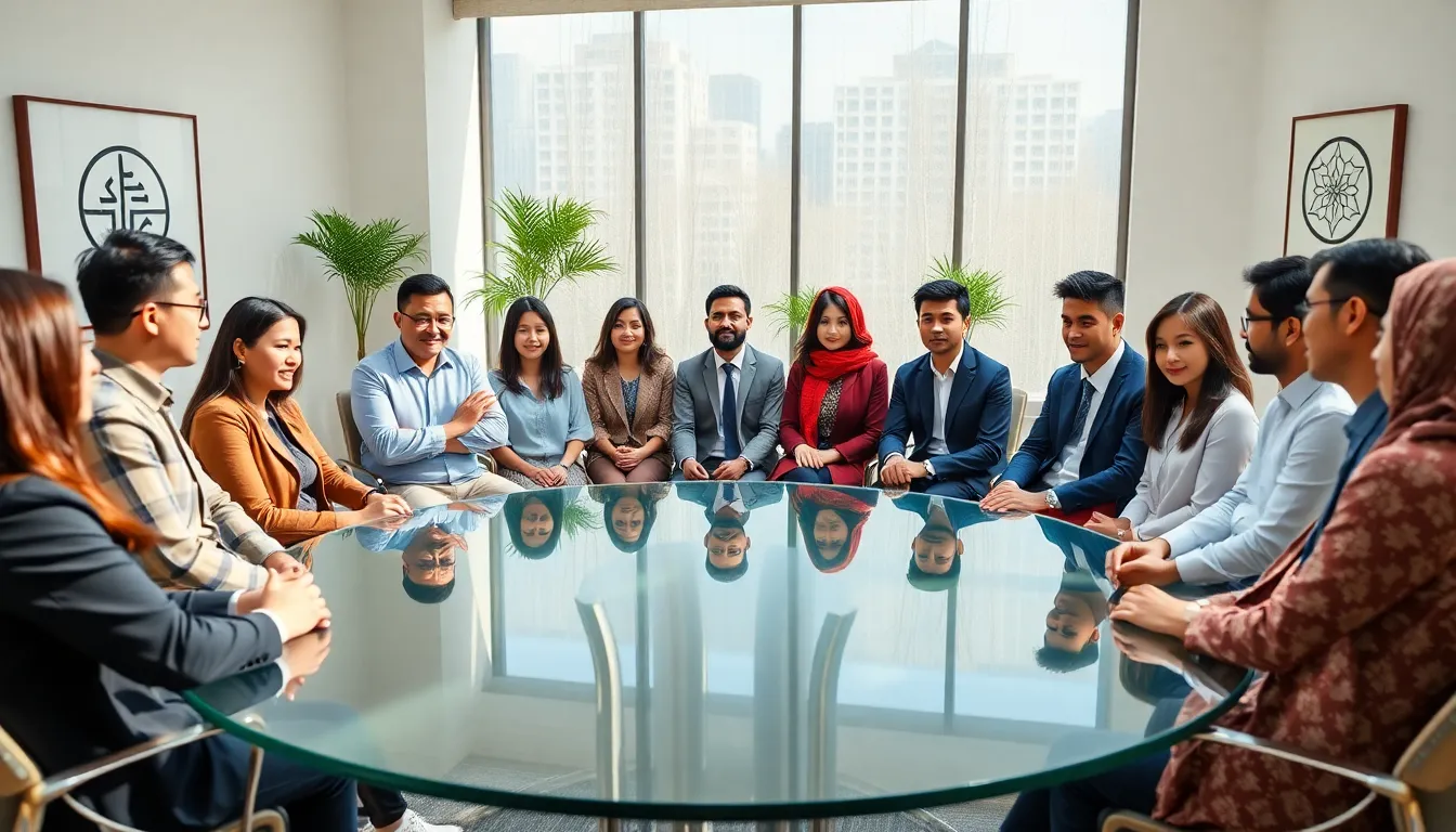 diverse group discussing Sannyuw in a modern office setting.