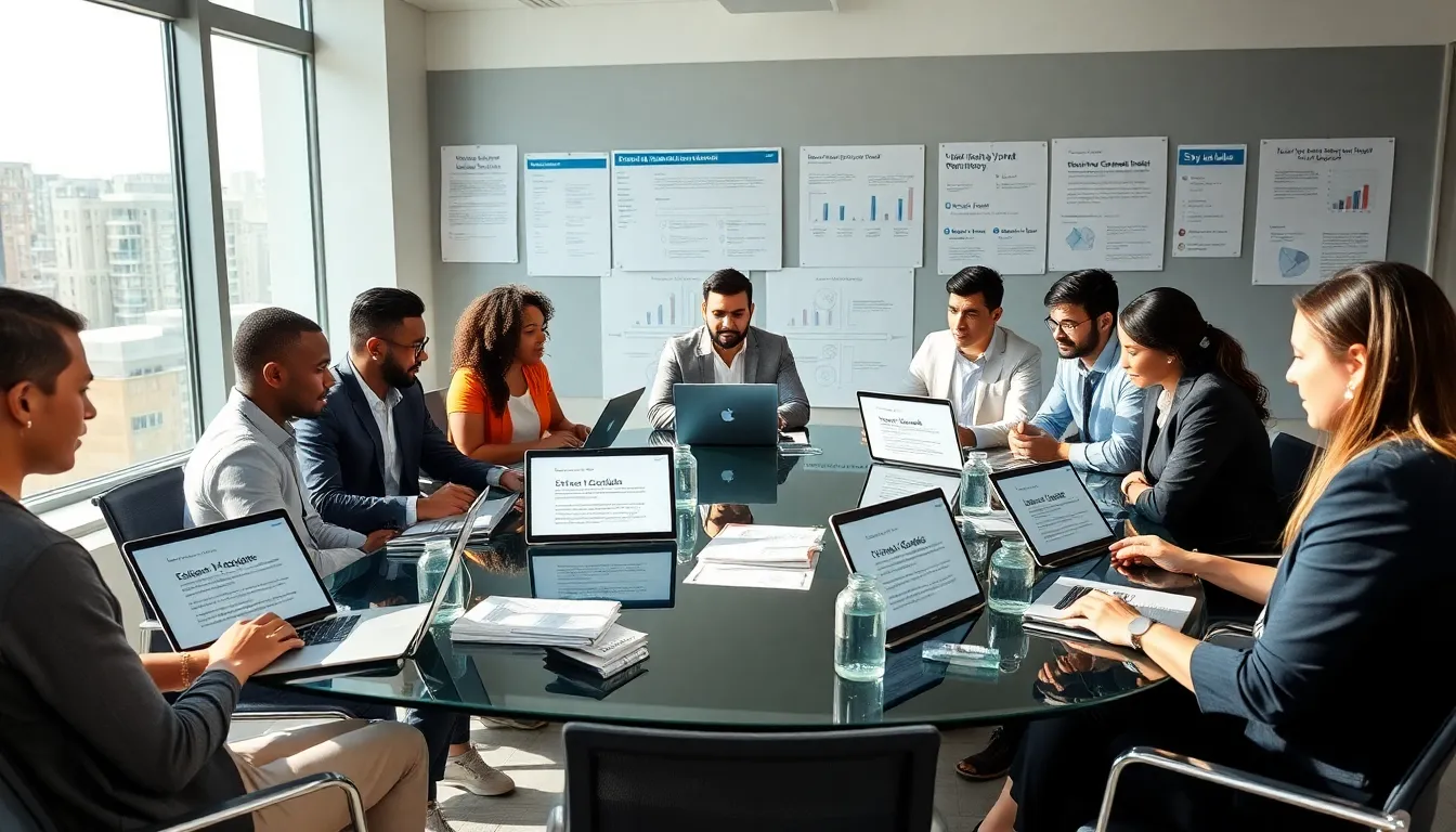 diverse team discussing style guides in a modern office.
