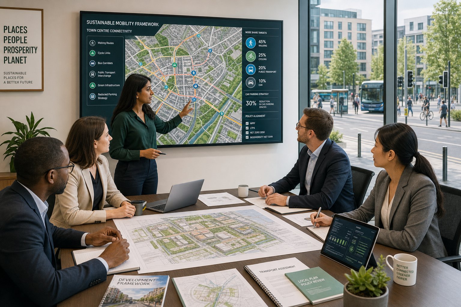 Consultants reviewing sustainable transport plans for a UK development project.