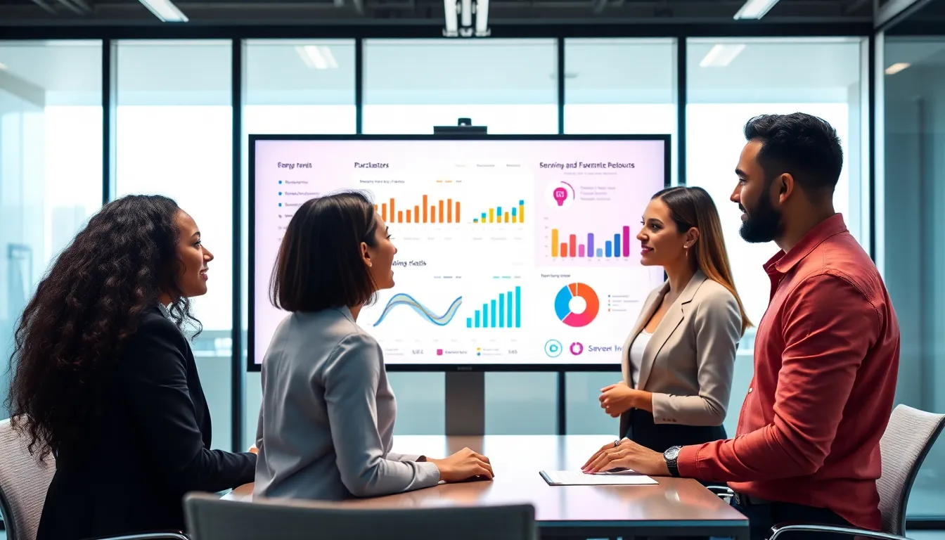 diverse team discussing purchase histories in a modern office.