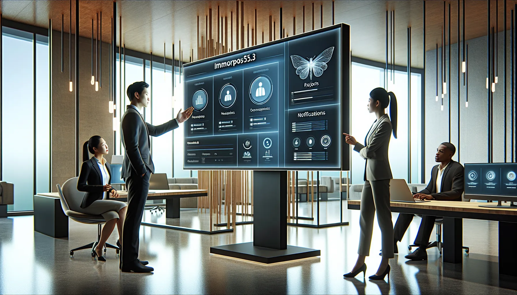 professionals discussing the Immorpos35.3 software in a modern office.