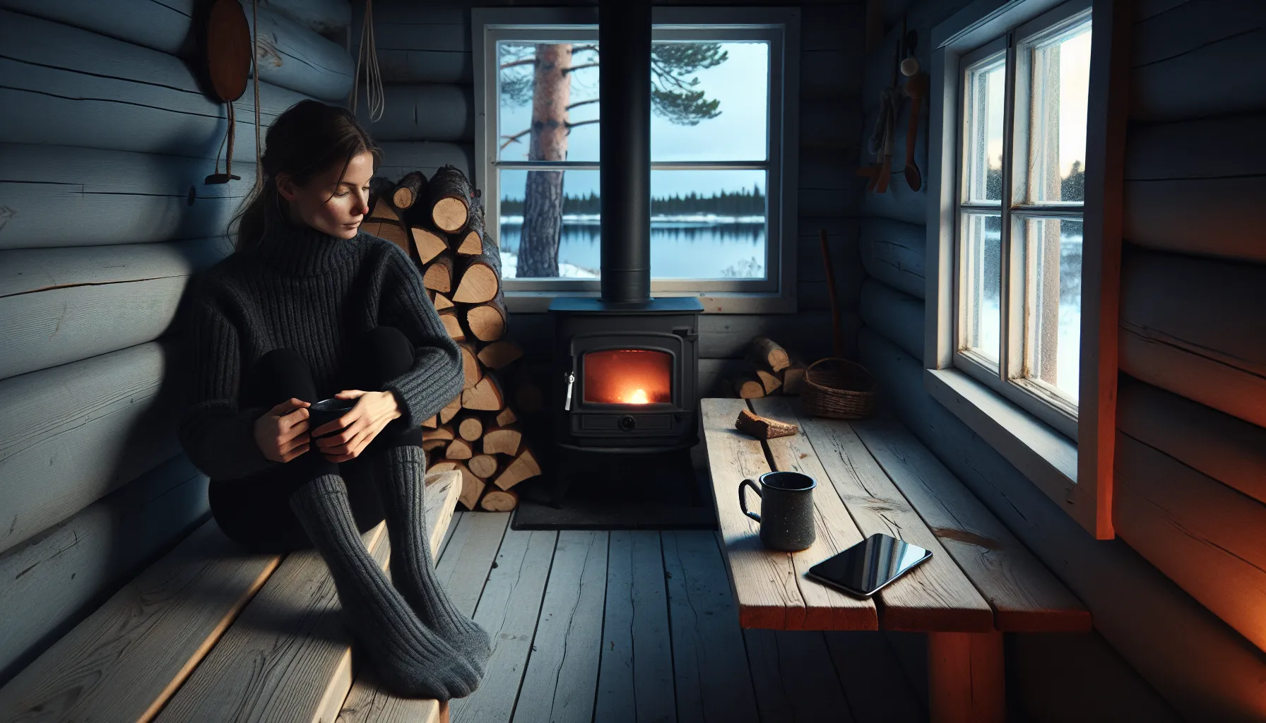 Frykten for å være alene: lær å trives i ditt eget selskap 2 Norwegian woman finds calm alone in a cabin, phone set aside.