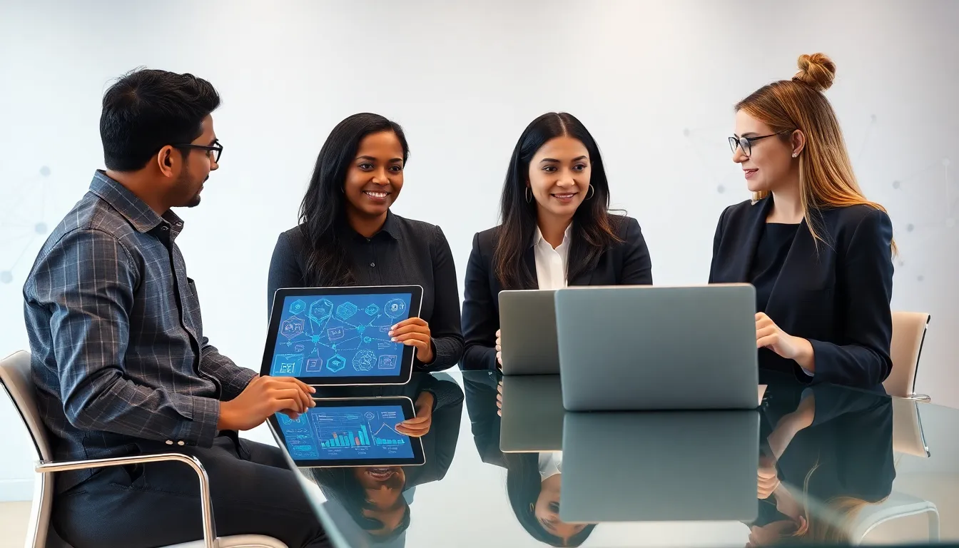 professionals discussing blockchain technology in a modern office.
