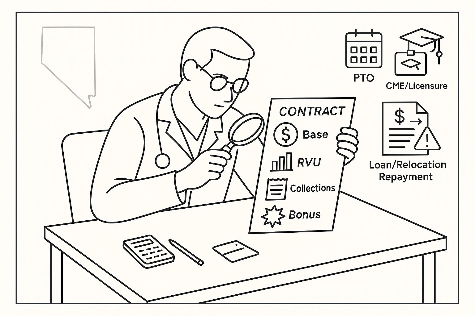 Physician assistant reviewing a contract with compensation and benefits icons.