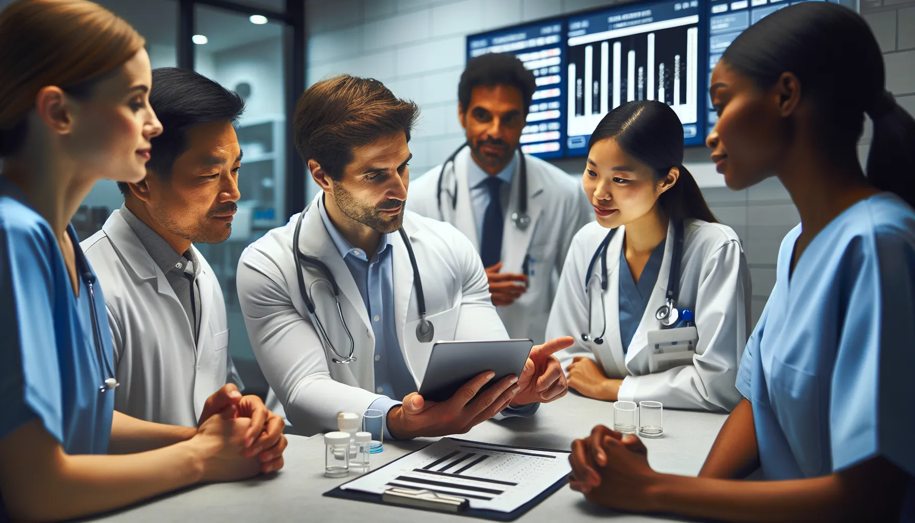 healthcare professionals discussing urine test results in a modern office.