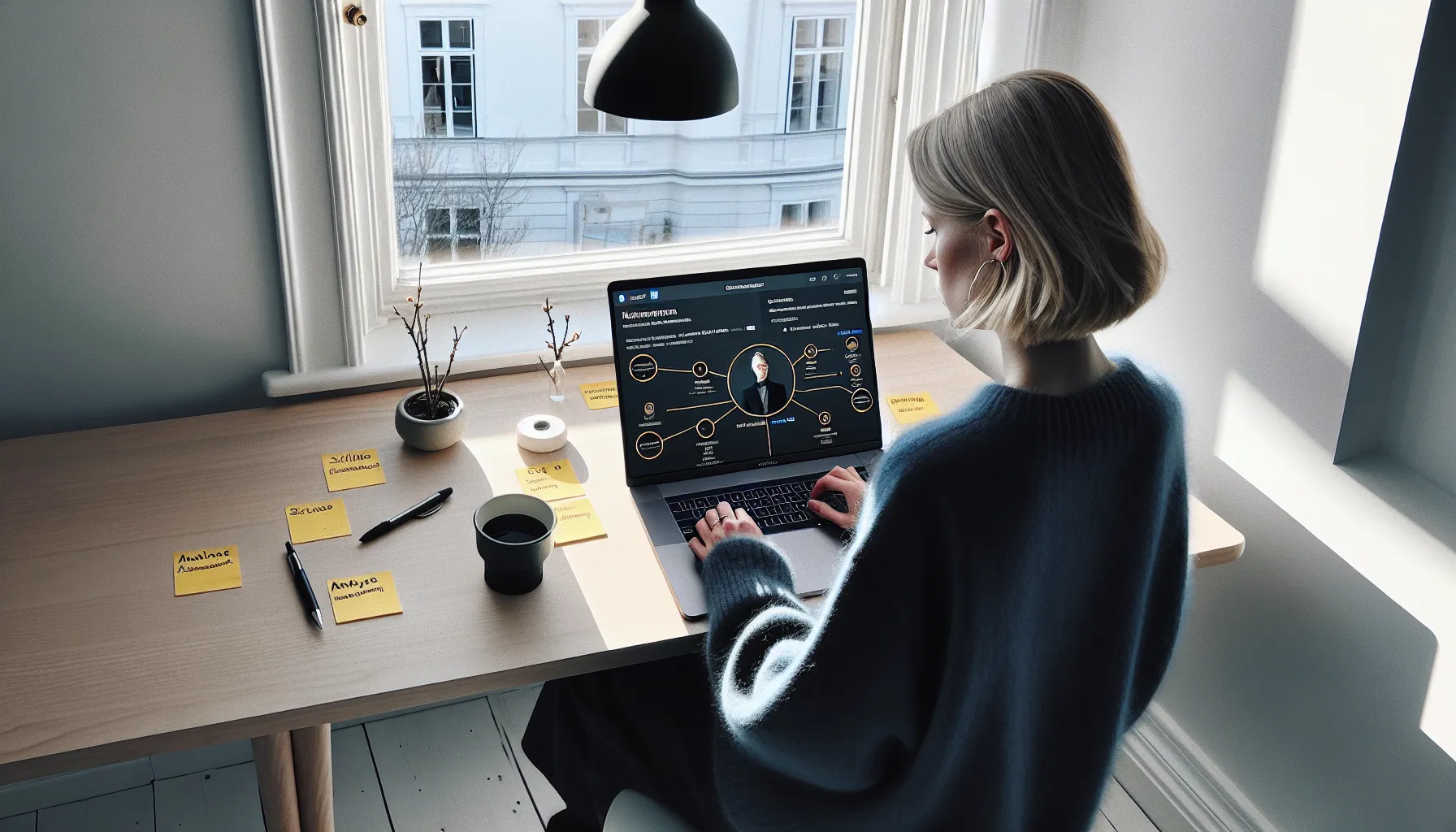 Norwegian professional edits LinkedIn profile with keyword notes and strategy board.