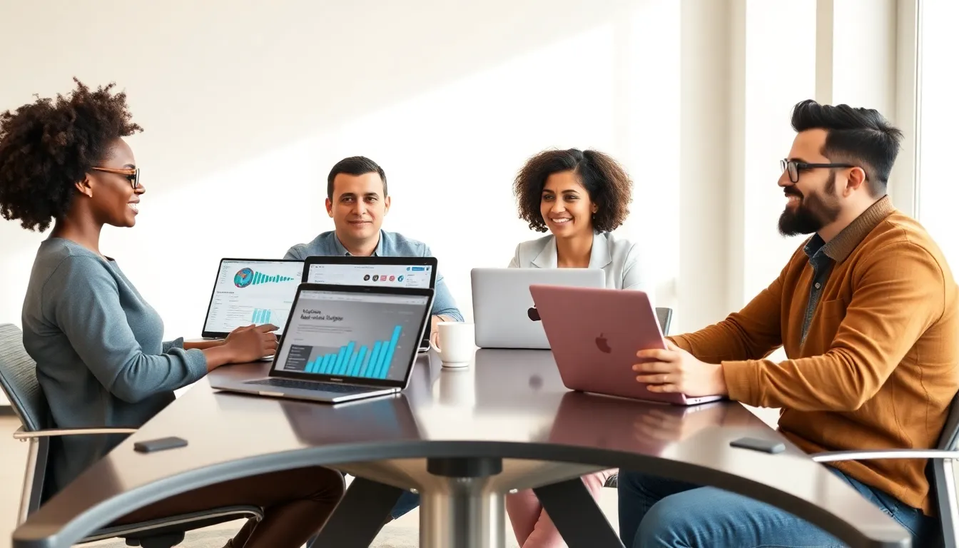 diverse professionals discussing content for a music blog.