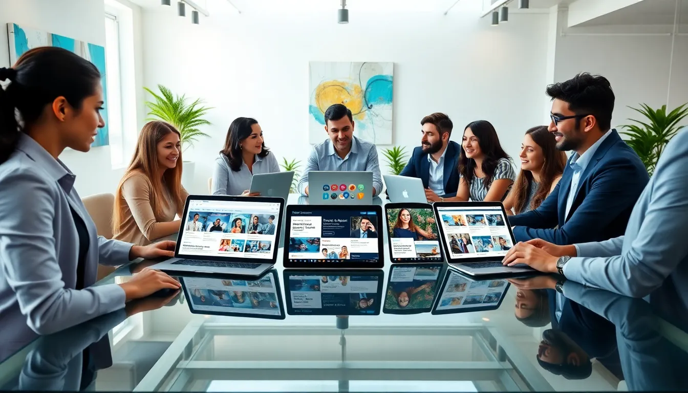 Diverse professionals collaborating in a modern office space.