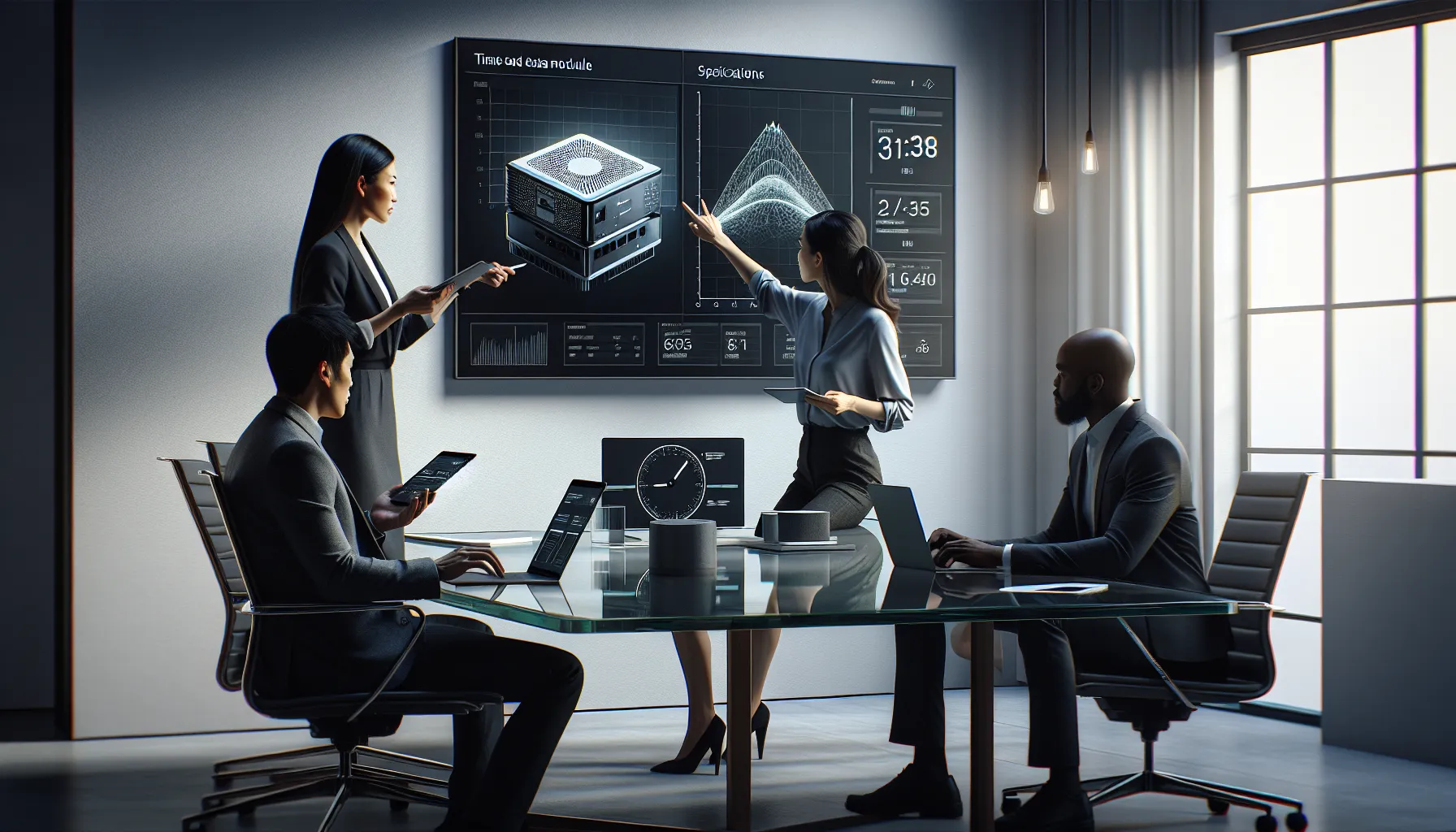 diverse team discussing the features of the SIM980216FQ8 in a modern office.