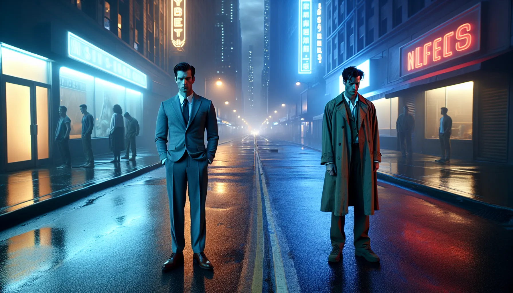 A hero and anti-hero face off on an urban street at dusk.