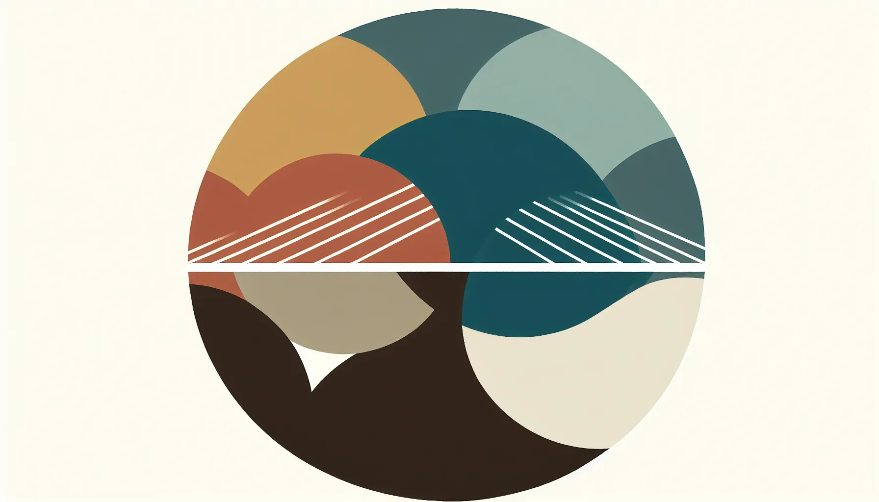 Four geometric shapes representing different cultures arranged around a central bridge symbol.
