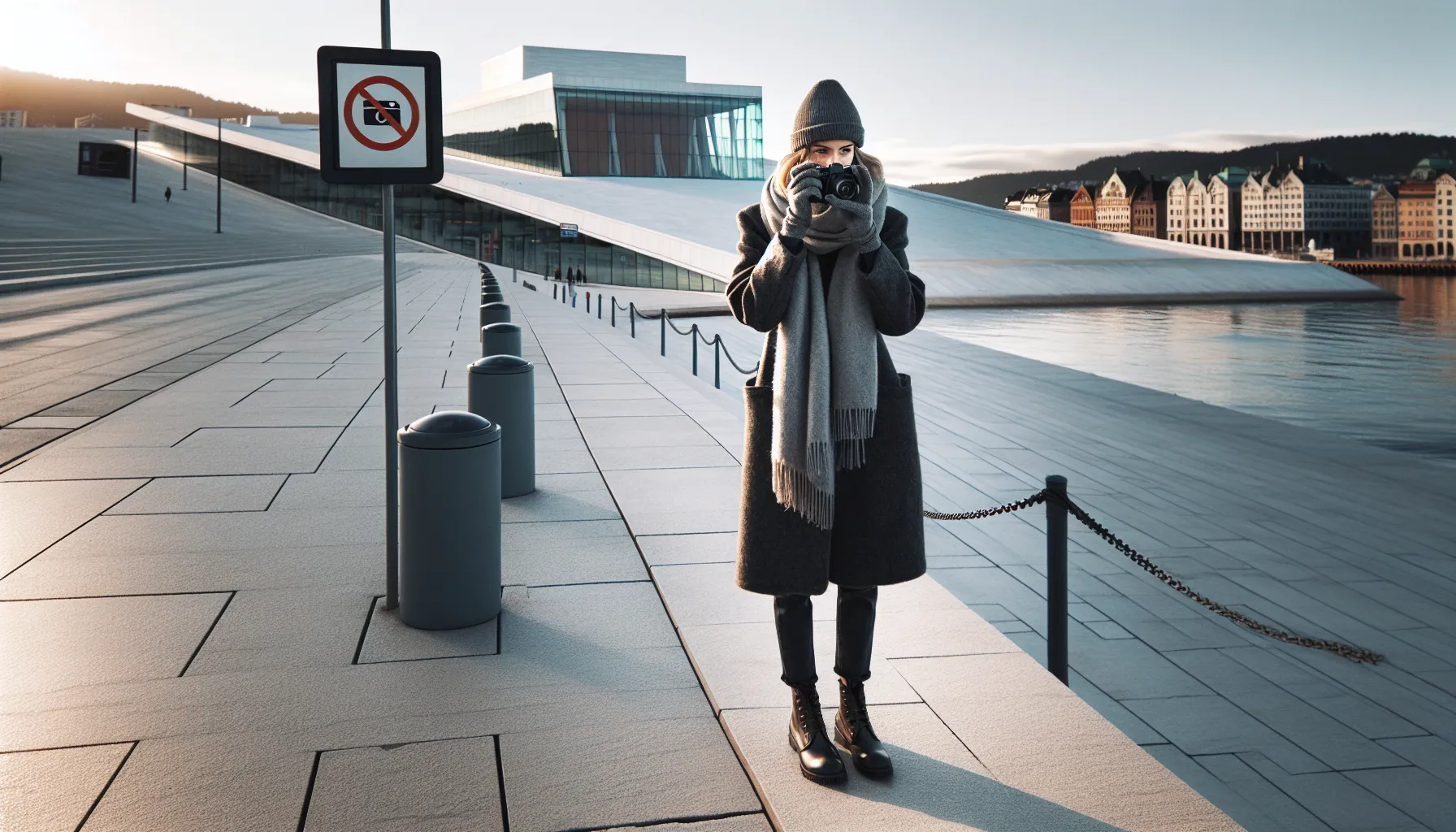 Photographer on oslo waterfront shooting the opera house from a public sidewalk.