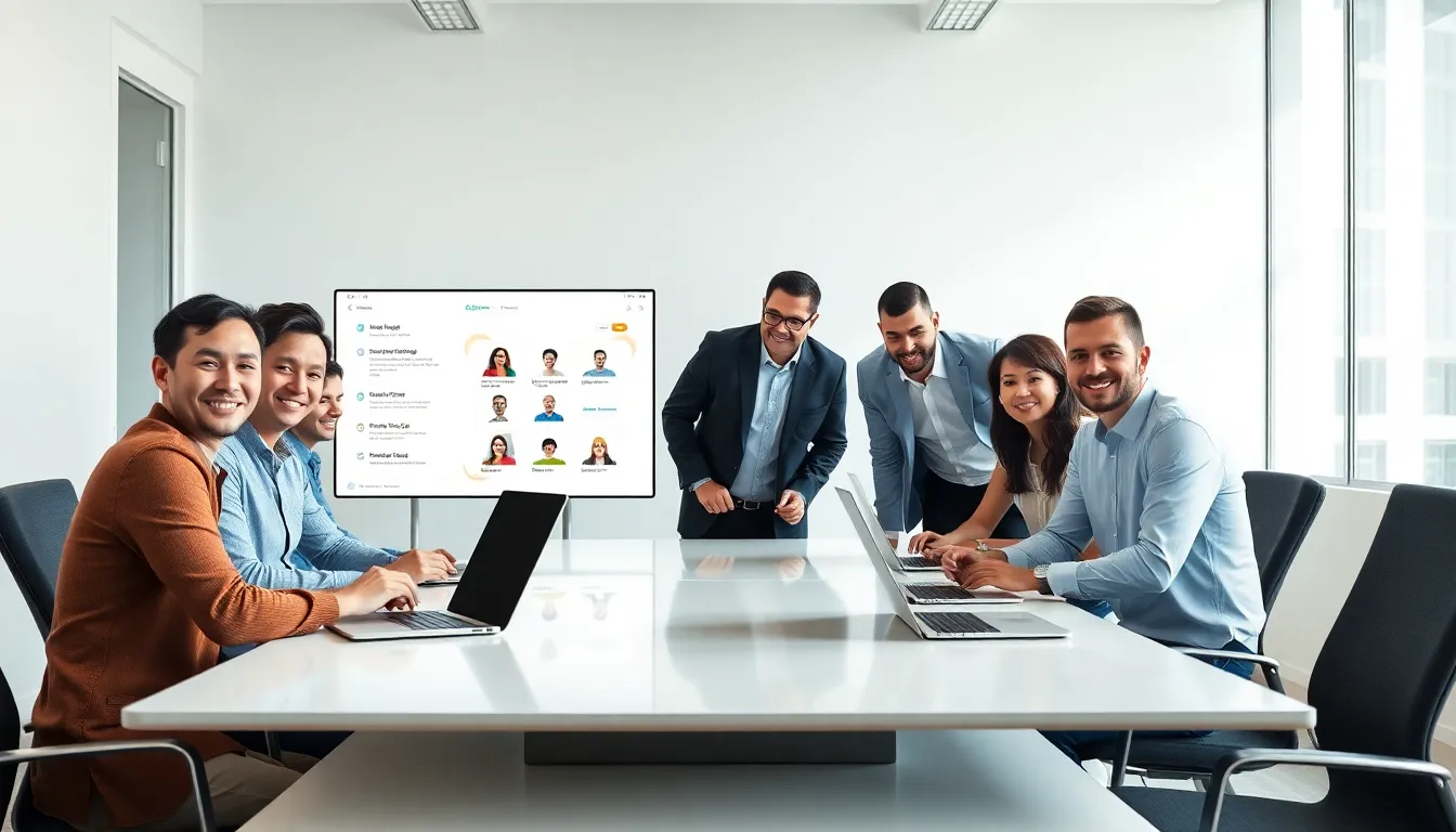 diverse professionals collaborating around a modern conference table.