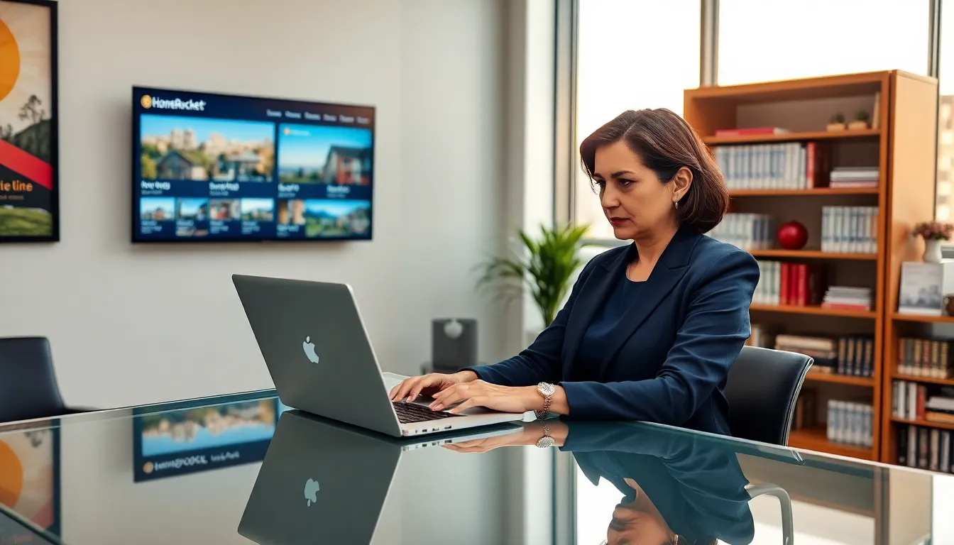 a woman working at a modern real estate office with property listings on display.