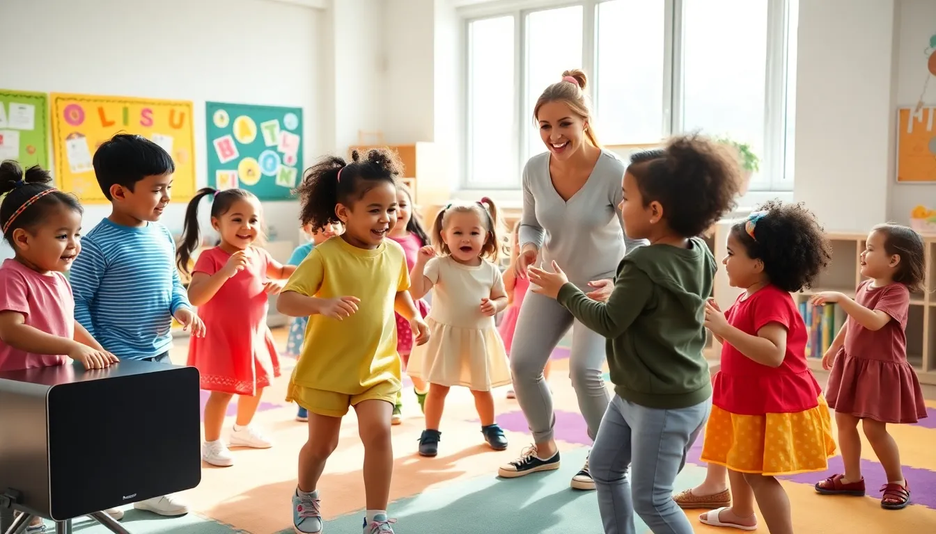 preschoolers engaging in music and movement activities in a bright classroom.