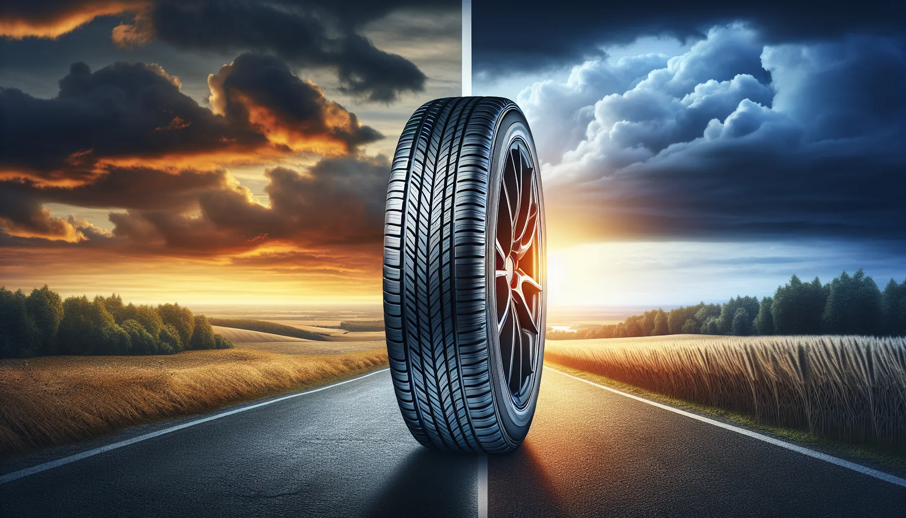 A summer tire and an all-season tire displayed on a country road at twilight.