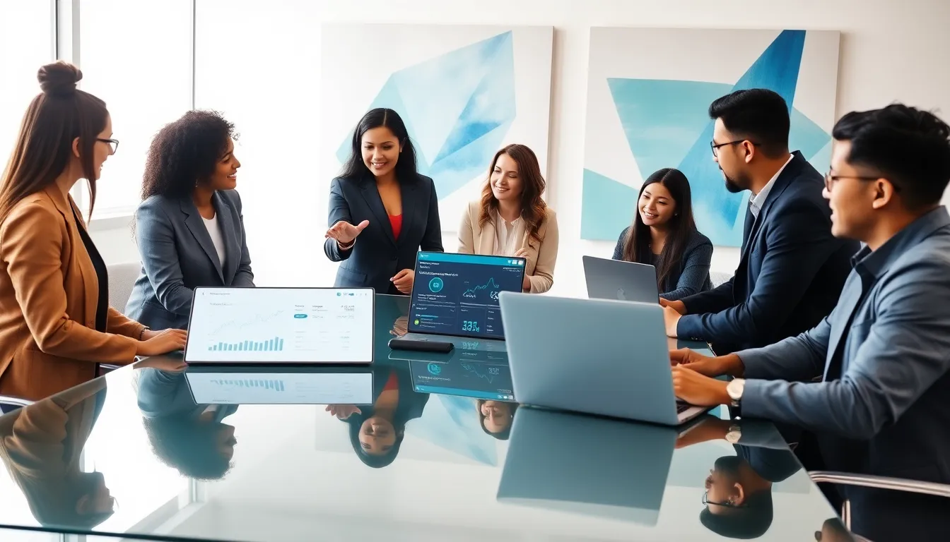 diverse team meeting in a modern office discussing cryptocurrency solutions.