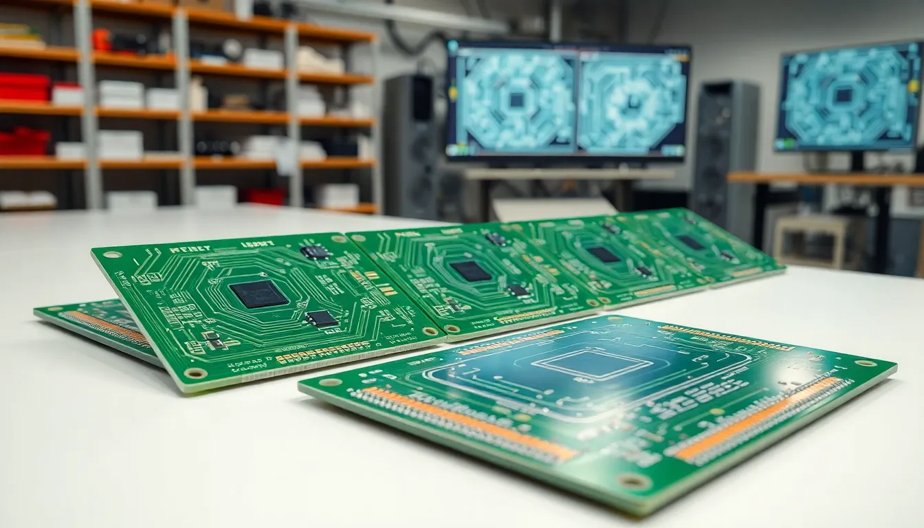 Close-up of rigid PCBs on a modern electronics lab table.