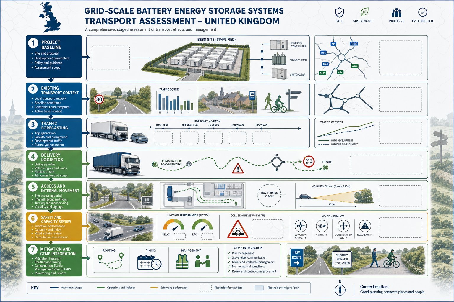 Infographic of key steps in a UK battery storage transport assessment.